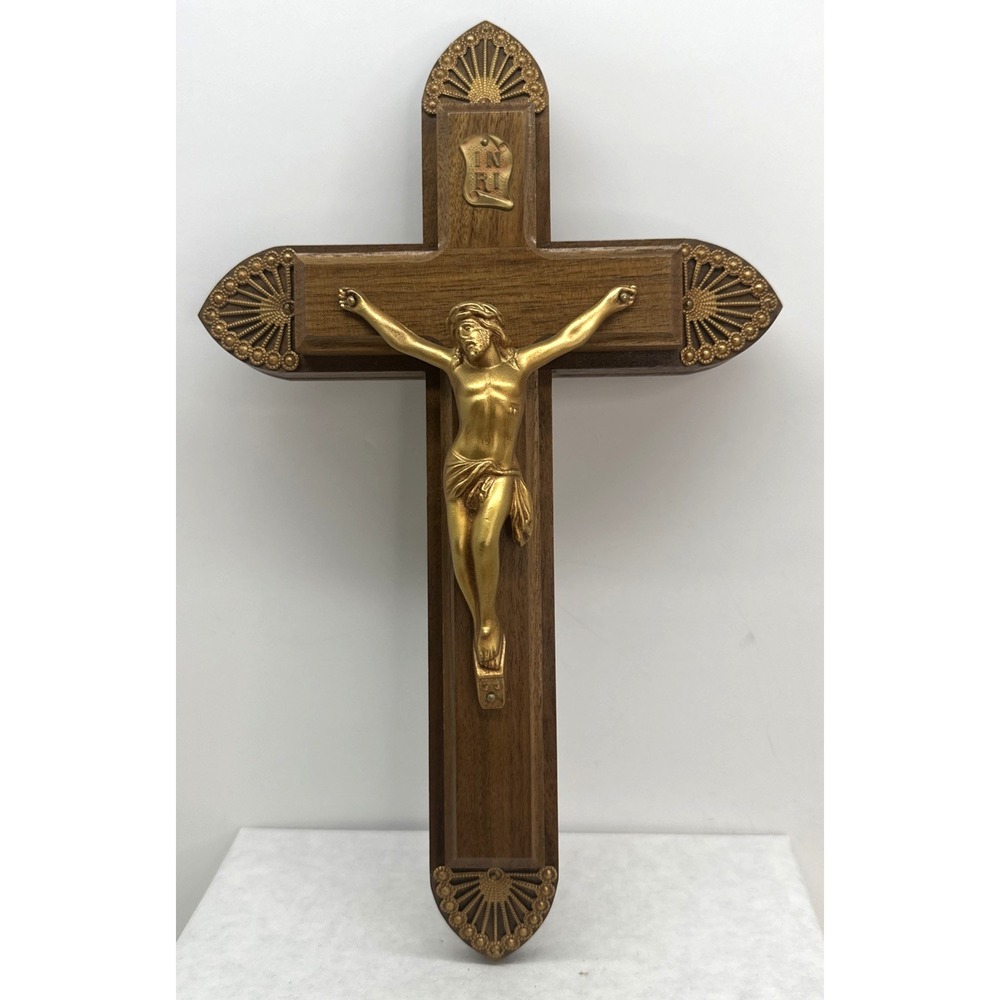 Vintage Wood & Metal Wall Crucifix Last Rites Sick Call Ornate Metal Fan Trim 12